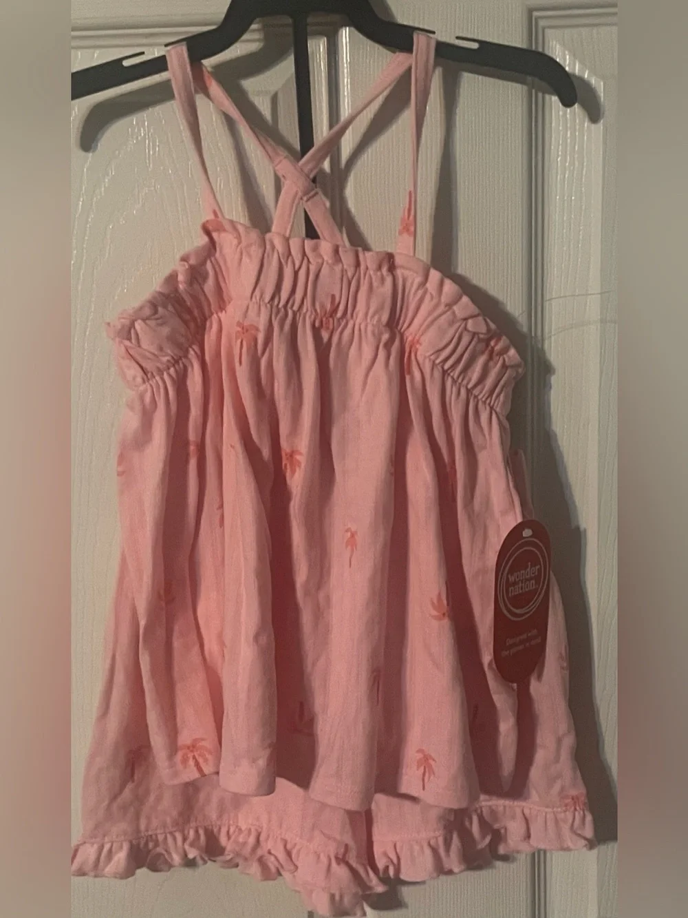 NWT Wonder Nation Girls 2-Piece Trapeze Top & Shorts Set Pink Palm Tree Print